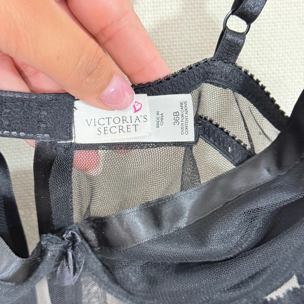 Victorias Secret Black Sheer Mesh Babydoll Lingerie Satin Trim Underwire 36B - Picture 3 of 5